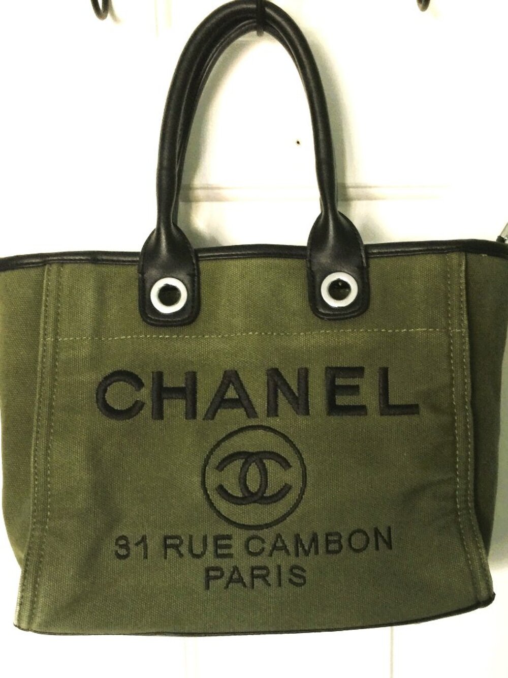 CHANEL GREEN CANVAS DEAUVILLE STYLE BAG